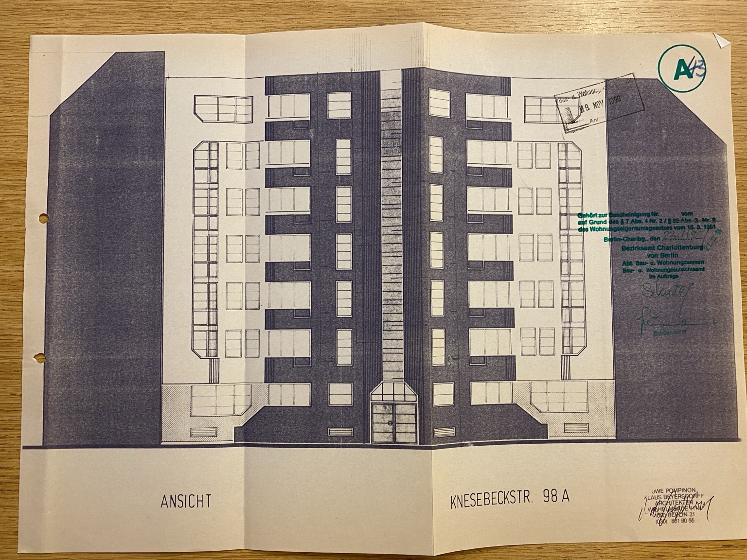 Technische Originalzeichnung der Hausfassade Knesebeckstraße 98 A